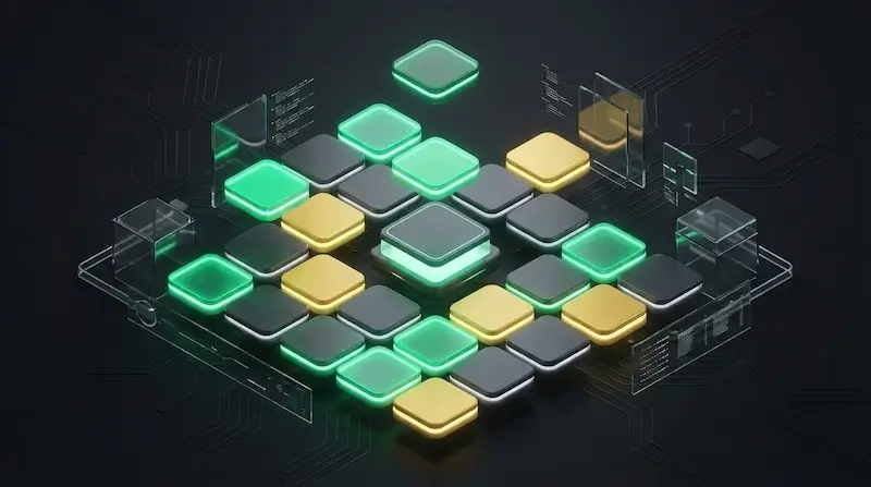 Ilustração do jogo Termo com blocos verdes e amarelos flutuantes