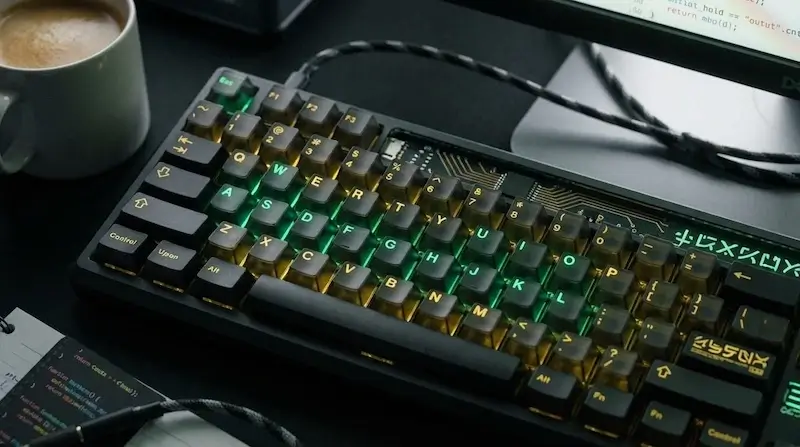 Teclado mecânico iluminando as teclas das vogais para estratégia no Termo